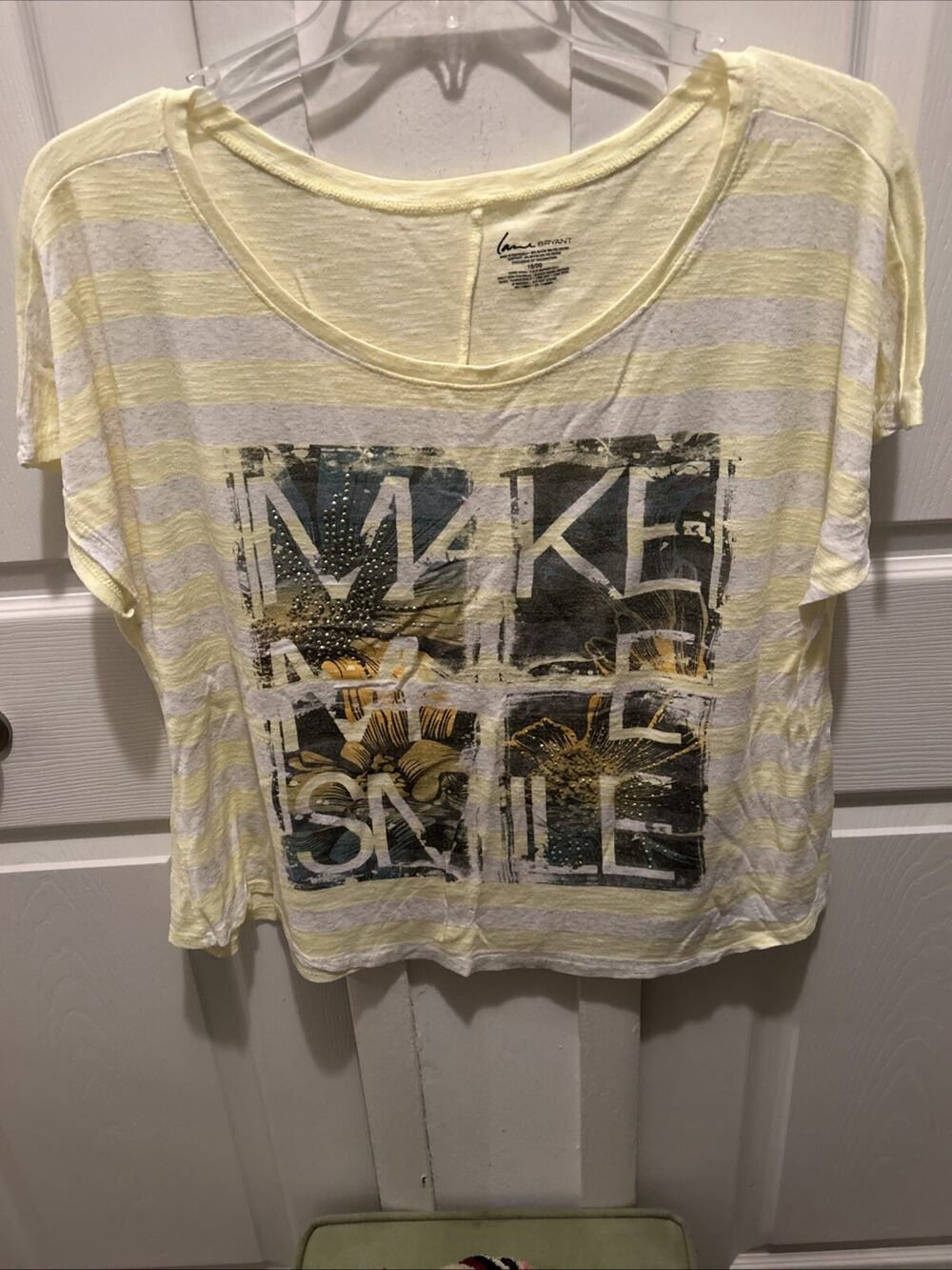 Lane Bryant 18/20 Yellow Striped Slub Tee Make Me Smile Beaded Semi Sheer